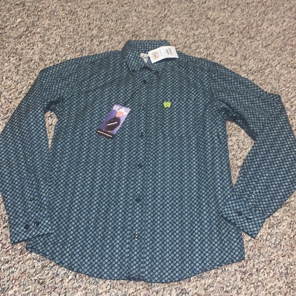 New Cinch Boys Youth Large Long sleeve button-down shirt Teal & bright green - Picture 2 of 3